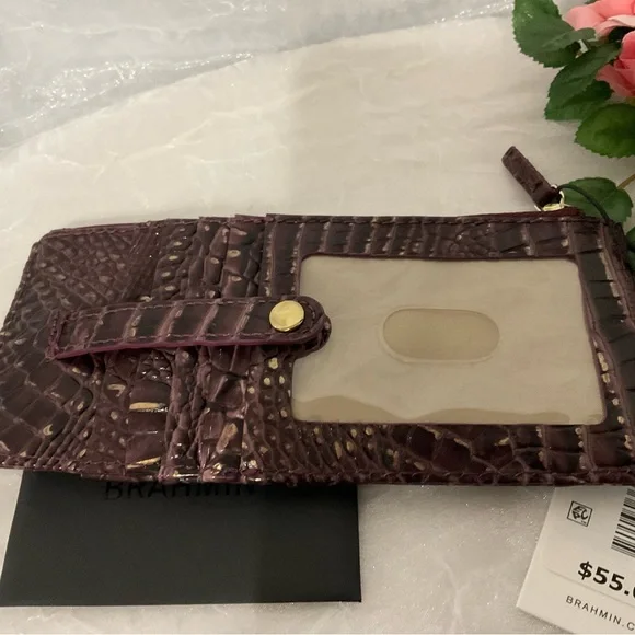 Brahmin Croc-Embossed Wallet in Burgundy and Beige - Picture 2 of 6